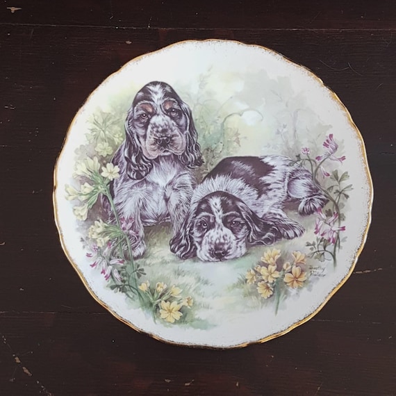 Vintage Royal Kent Fine Bone China English Cocker Spaniel Puppies Dog Collector Wall Plate