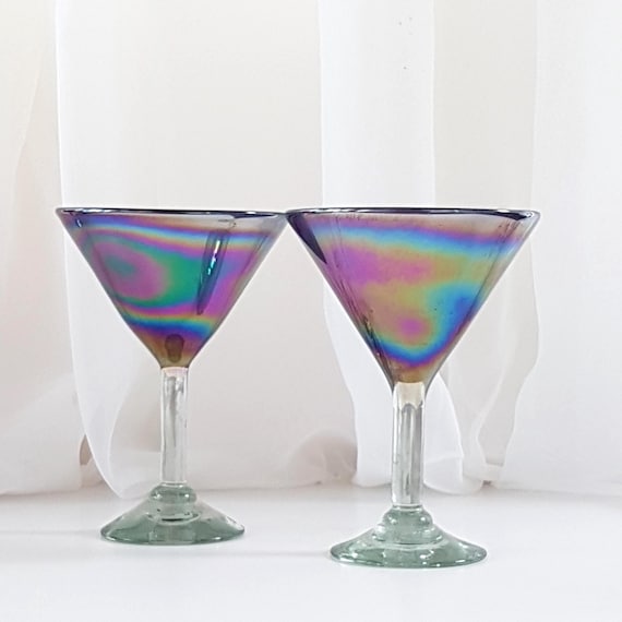 Iridescent Oil Slick Martini Glasses: Vintage Hand-Blown Cocktail Barware for Unique Housewarming Gifts