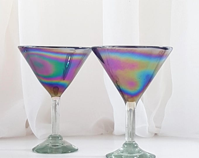 Iridescent Oil Slick Martini Glasses: Vintage Hand-Blown Cocktail Barware for Unique Housewarming Gifts