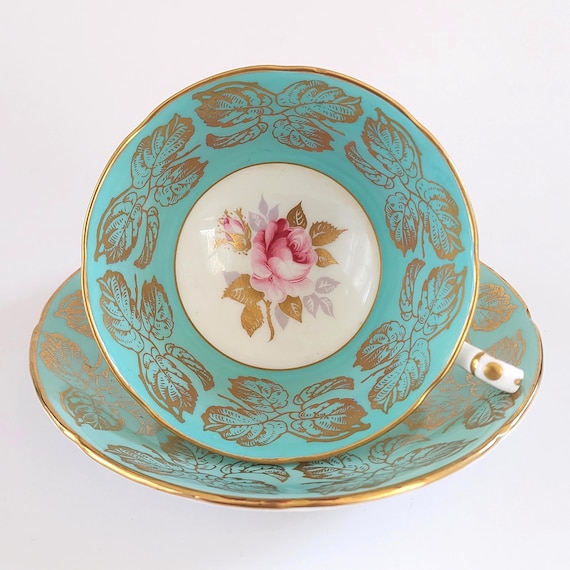 Vintage Royal Grafton Turquoise Gold Grape Leaf Teacup Saucer Pink Cabbage Rose England