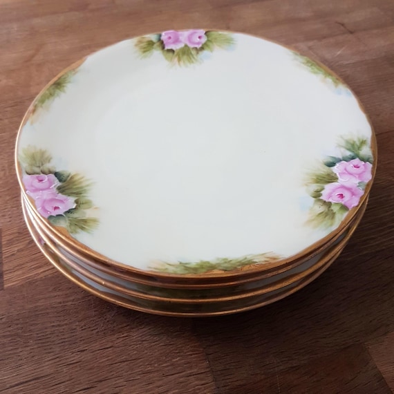 Hand Painted Pink Rose Porcelain Dessert Plates Set of 4 - Bavaria