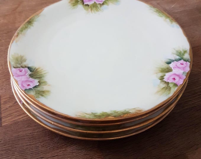 Hand Painted Pink Rose Porcelain Dessert Plates Set of 4 - Bavaria