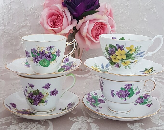 LOT of 4 Mismatched Tea Cups and Saucers with Purple Violet Spring Flowers, Bulk Vintage English Bone China, High Tea, Bridal Shower