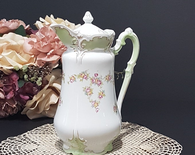 Antique Teapot Coffee Pot, Antique German Porcelain, Royal Leipsig, Hand Painted Pink Roses