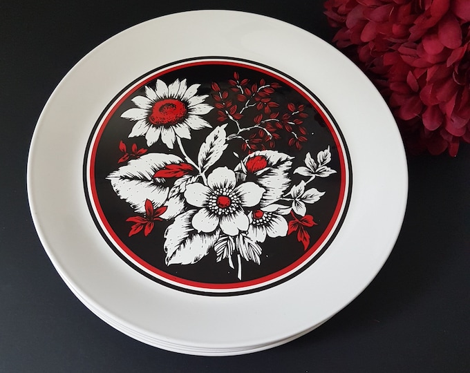 Ironstone Dinner Plates, MARBELLA, Johnson Brothers, 10 Inch, Vintage Plate Sets of 2, Bold Pattern, Red Black on White Ironstone, England