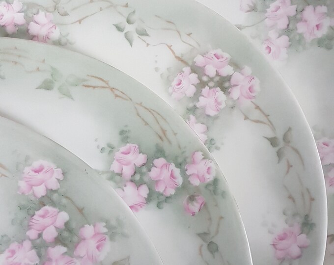 French Vintage Limoges Porcelain Dinner Plates, Hand Painted, Pink Roses on Pastel Green, T&V Limoges, Sold Individually