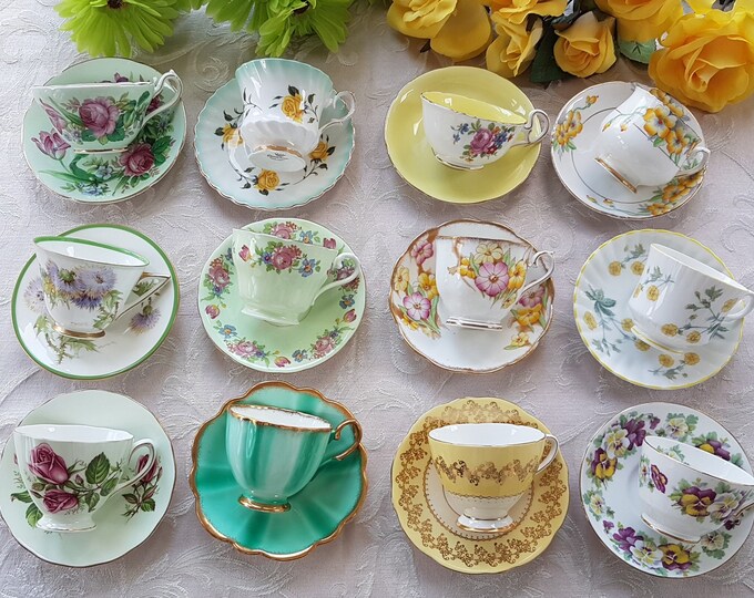 LOT of 6 Mismatched Tea Cups and Saucers, Bulk Vintage English Bone
