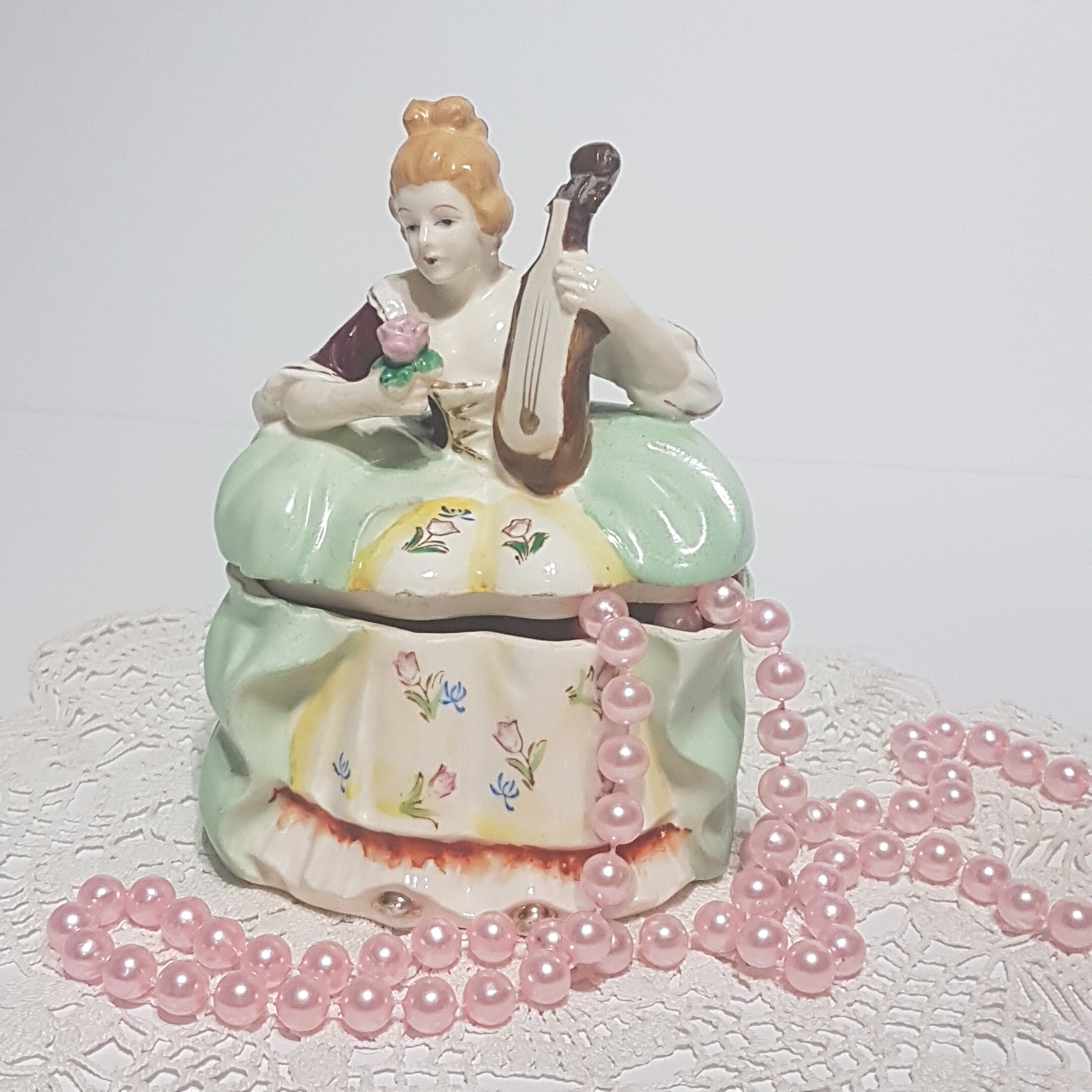 Vintage Hand Painted Porcelain Victorian Figural Lady Trinket Box, Dresser