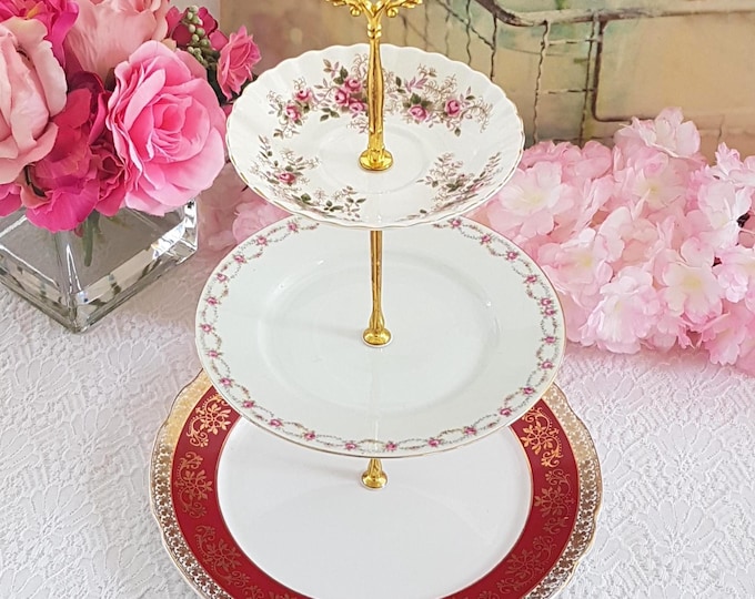 Elegant 3-Tier Cake Stand: Pink Burgundy Handmade Dessert Tray for Tea Parties, Weddings & Gifts
