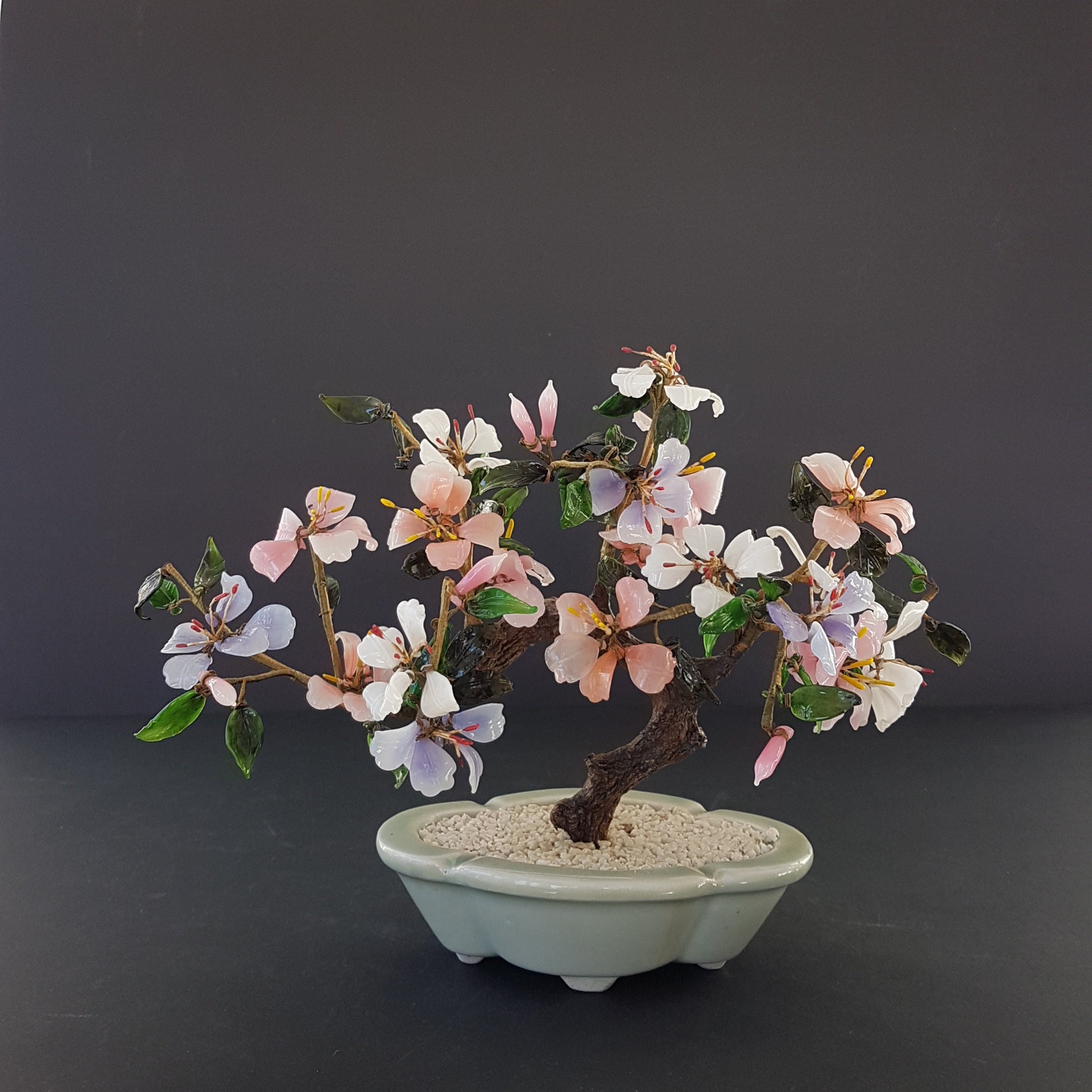 Vintage Glass Bonsai Tree, 9 x 11 Purple Pink White Flowering