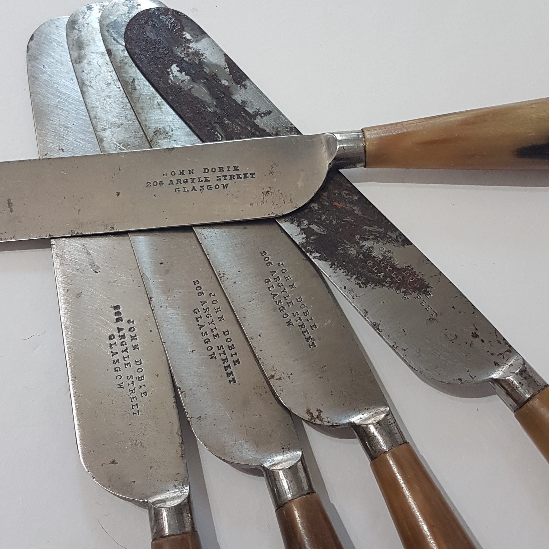 Antique 19th Century John Dobie Cutlery 5 Fork 5 Knife Set, Staghorn