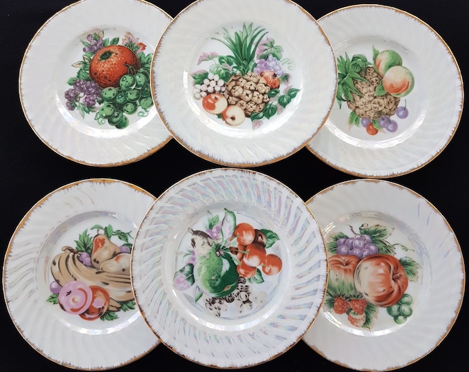 Lusterware Side Plates, Summer Fruit, Set of 6, Pearlized Iridescent, Made in Japan