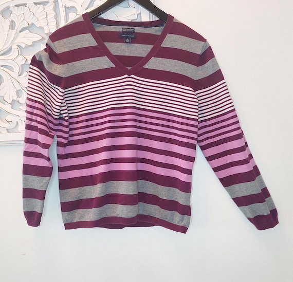 Tommy Hilfiger Striped V-Neck Pullover Sweater  Pink Purple Grey Pima Cotton Knit