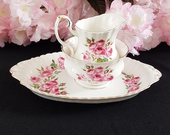 Royal Albert Pink Carnations Bone China Cream Sugar and Tray Set