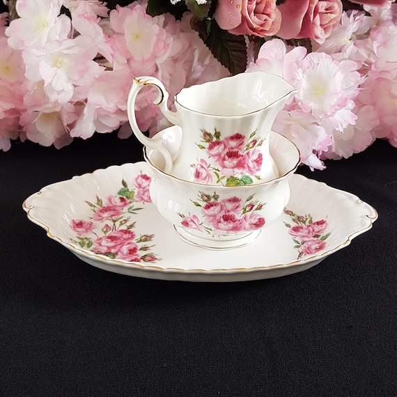 Royal Albert Pink Carnations Bone China Cream Sugar and Tray Set