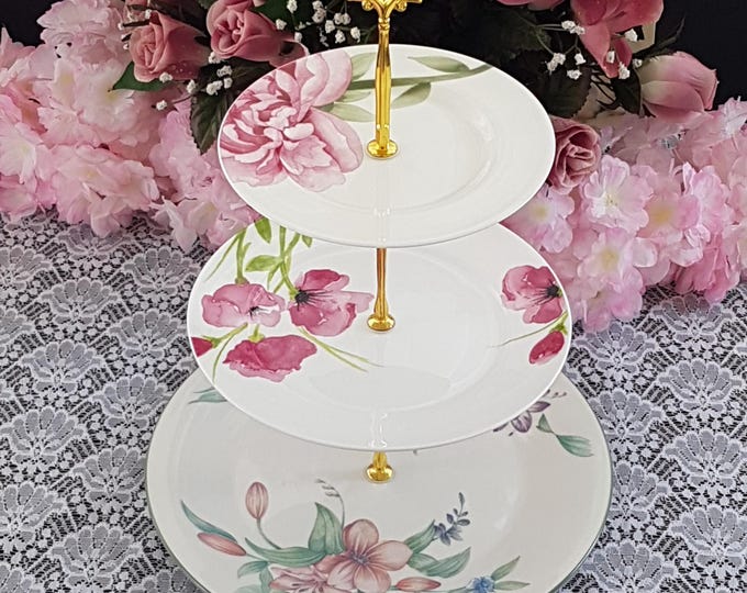 Floral 3 Tier Cake Stand, Spring Decor Tiered Plate Dessert Stand for Weddings or Tea Parties