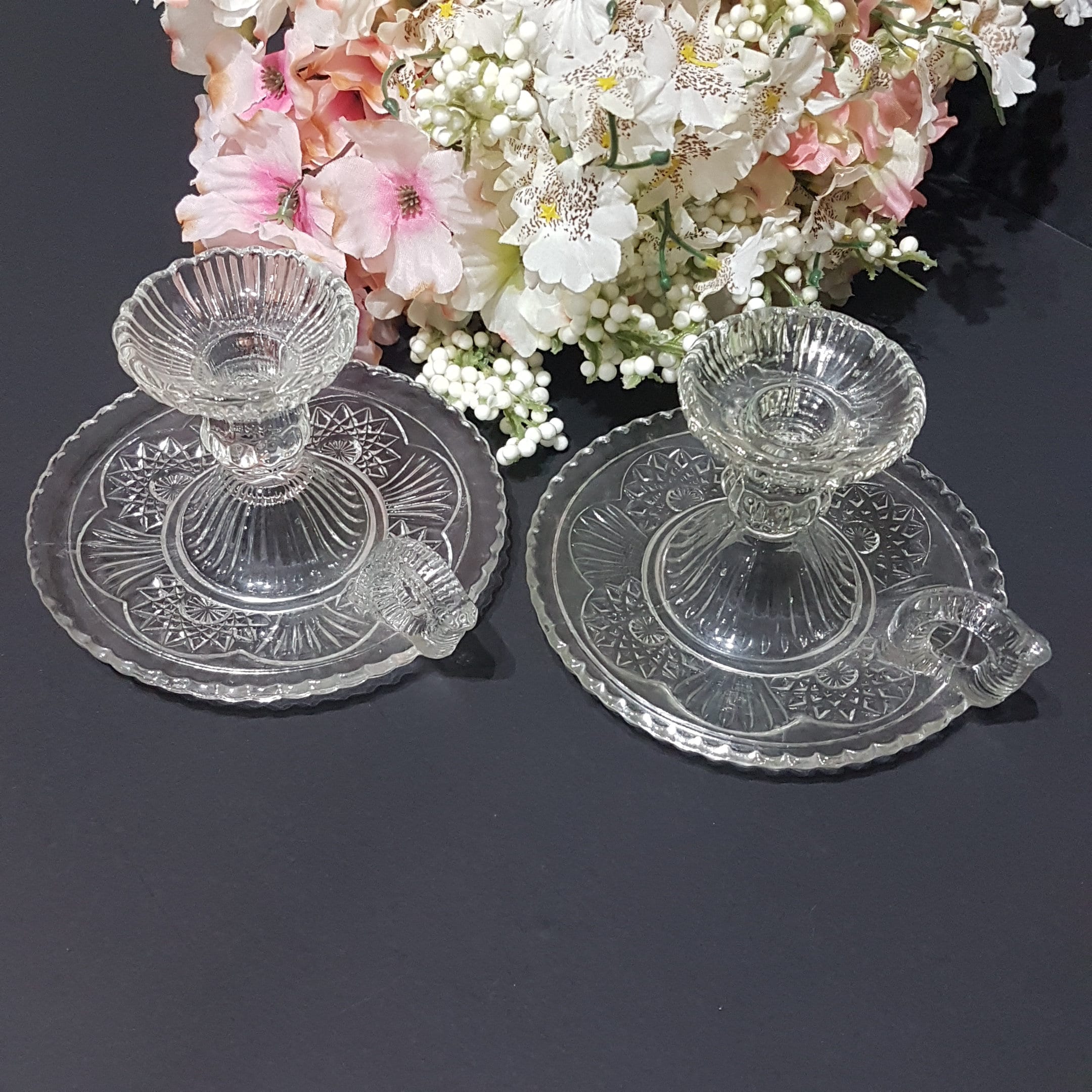 Pair of Vintage Clear Glass Taper Candle Chamberstick Holders with