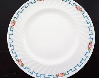 Minton Ribbons & Blossom Bone China Dinner Plate England, Blue Ribbon, Pink Flower