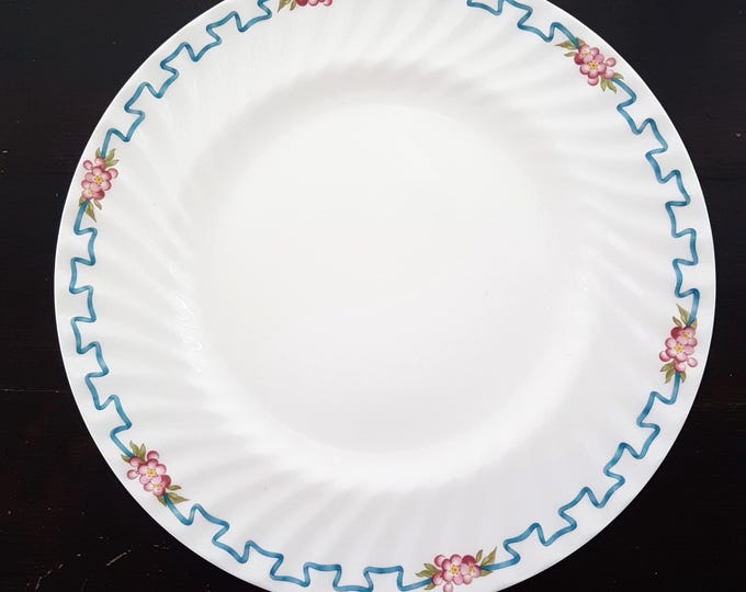Minton Ribbons & Blossom Bone China Dinner Plate England, Blue Ribbon, Pink Flower
