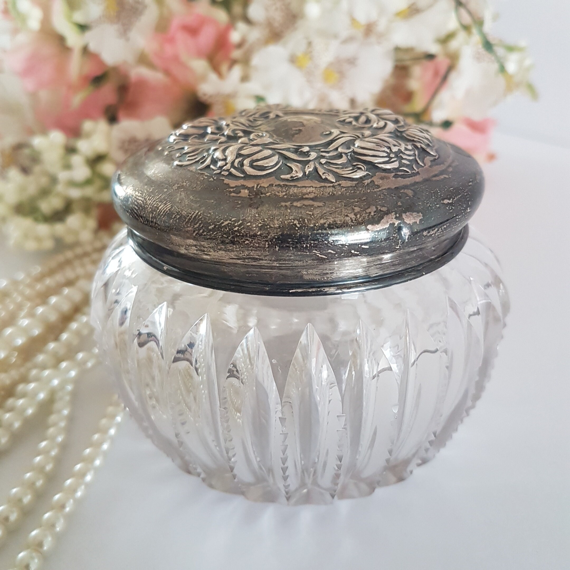 Vintage Round Glass Vanity Jar with Silverplate Lid, Trinket Jar, Floral Embossed Removable Lid