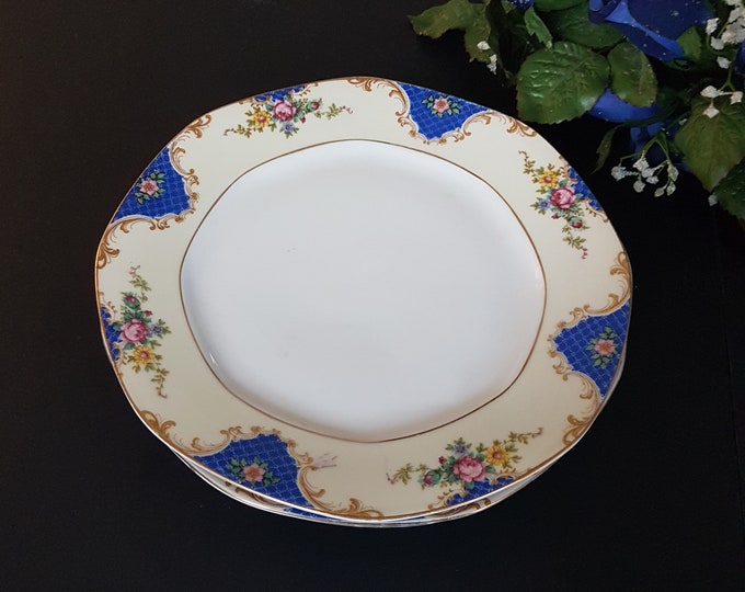 Dinner Plates, Gebruder Benedikt Czechoslovakia Porcelain, Pattern GEI19, Blue Insets, Tan Scrolls, Pink Roses, 1940s