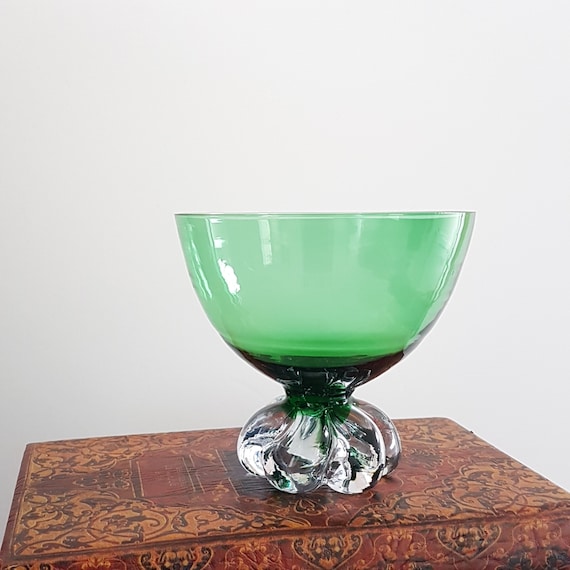 Vintage Green Blown Glass Candy Dish Bowl Flower Shaped Footed Bowl