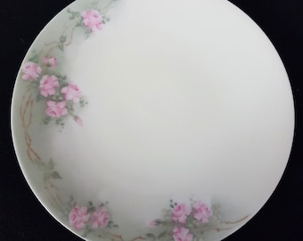 Vintage T&V Limoges Hand-Painted Porcelain Dinner Plates: Pink Roses on Pastel Green