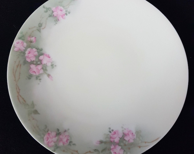 Vintage T&V Limoges Hand-Painted Porcelain Dinner Plates: Pink Roses on Pastel Green