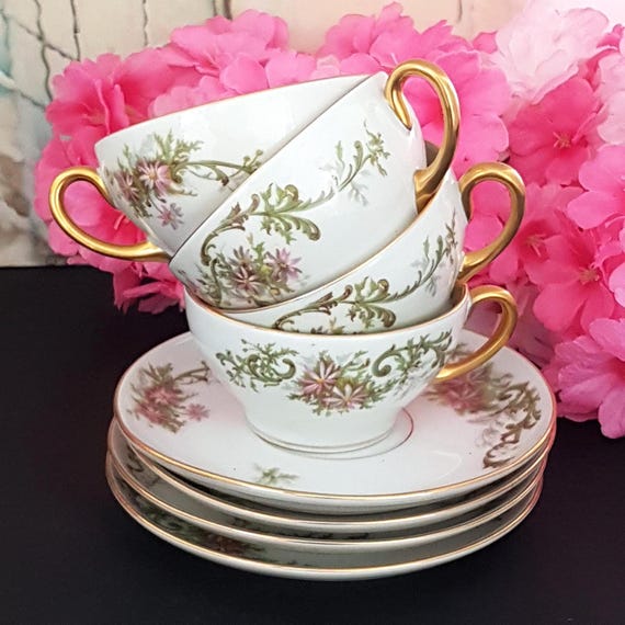 Antique Limoges 8-Piece Porcelain Tea Set: Cups & Saucers for 4 - Vintage French China