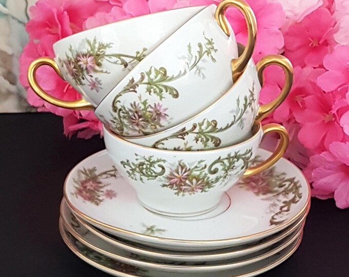 Antique Limoges 8-Piece Porcelain Tea Set: Cups & Saucers for 4 - Vintage French China