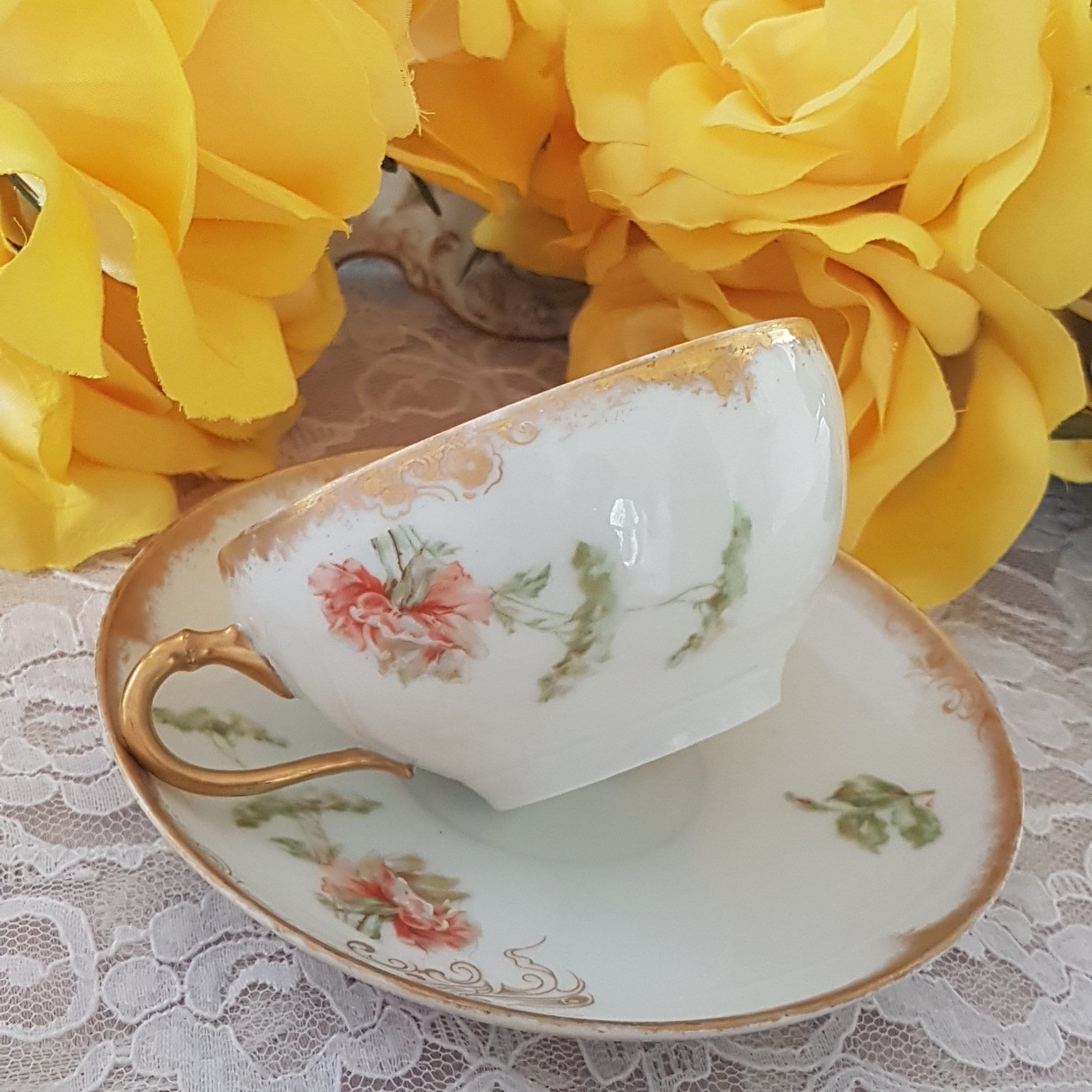 Tea Cup and Saucer, Antique GD & Cie, Limoges France, Hand Painted