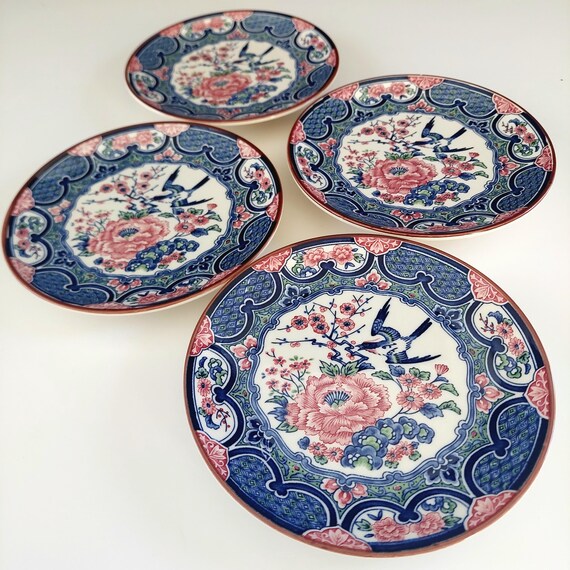 Vintage Tominaga Toen Japan Banko Ware 6 Inch Plates Set of 4 Bird Peony