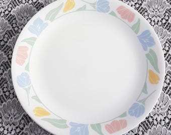 4pc Corelle Friendship Dinner Plates Pastel Floral Rim Vintage Tempered Glass Dinnerware Set USA