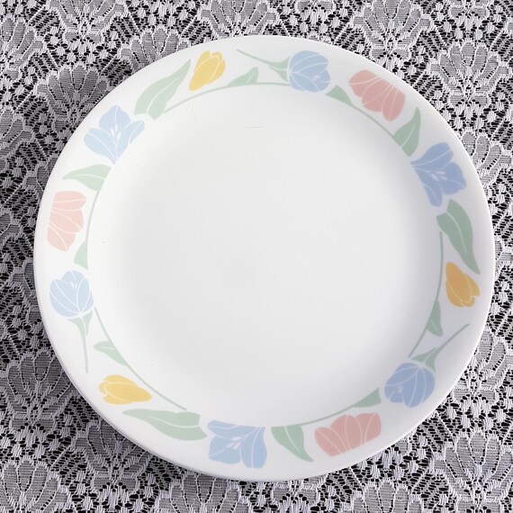 4pc Corelle Friendship Dinner Plates Pastel Floral Rim Vintage Tempered Glass Dinnerware Set USA