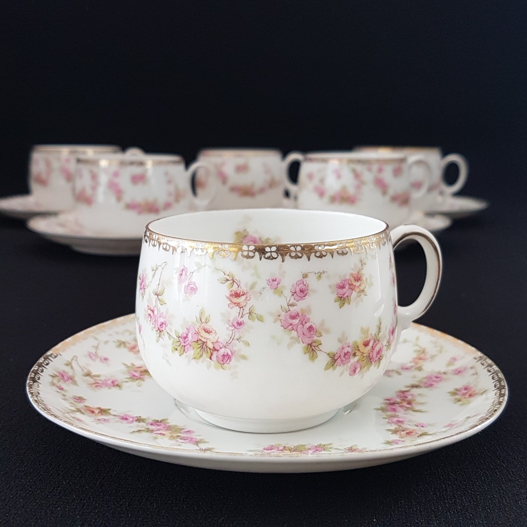12pc Tea Cups and Saucers, Antique MZ Austria, Pink BRIDAL ROSE ...