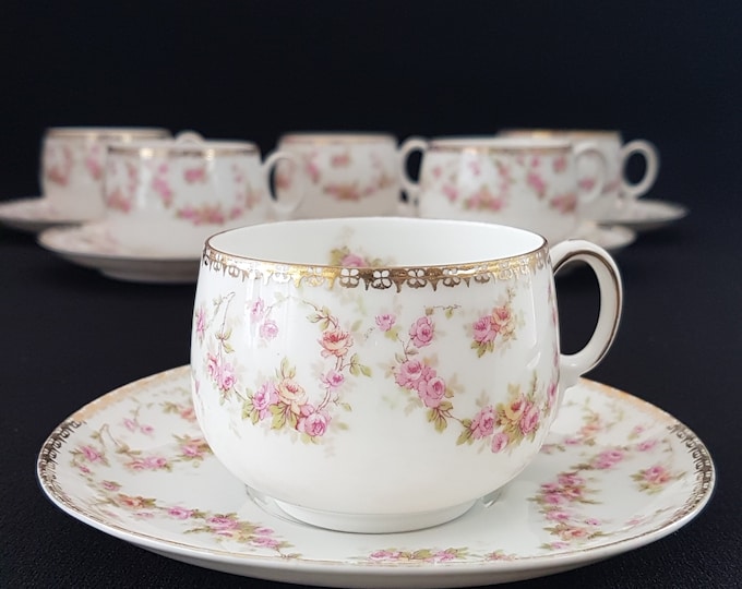 12pc Tea Cups and Saucers, Antique MZ Austria, Pink BRIDAL ROSE Afternoon Tea Set for 6