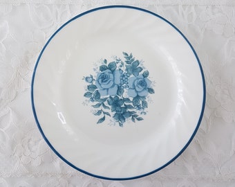 Vintage Corelle BLUE VELVET Side Plates, 7 Inch, Set of 4, Blue Roses, Swirl Rim