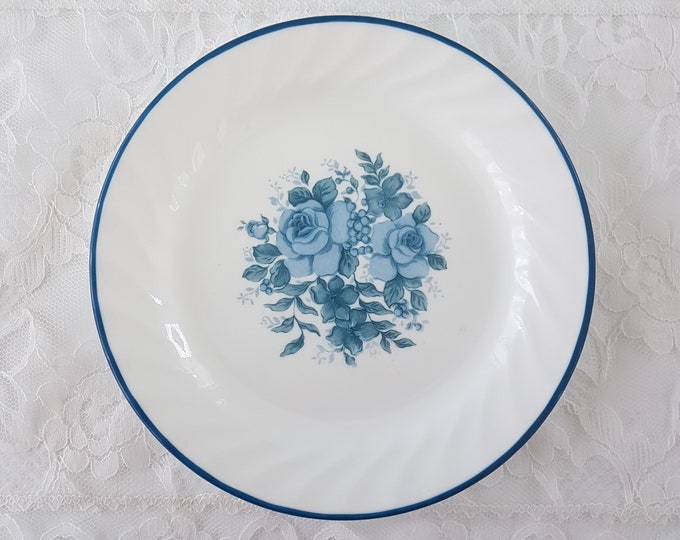 Vintage Corelle BLUE VELVET Side Plates, 7 Inch, Set of 4, Blue Roses, Swirl Rim