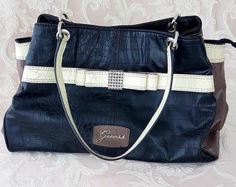 GUESS Hesperia Black Faux Crocodile Satchel with Rhinestone Bow Multi Pocket Zippered Handbag