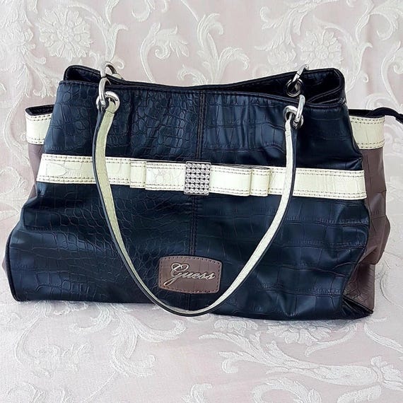 GUESS Hesperia Black Faux Crocodile Satchel with Rhinestone Bow Multi Pocket Zippered Handbag