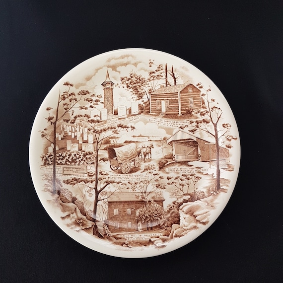 Vintage Johnson Brothers Dinner Plate: Mennonite Heritage, Brown Transferware