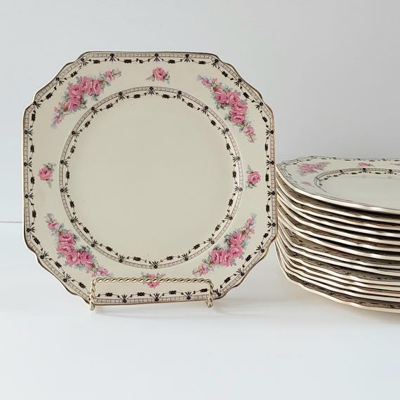 Vintage Thomas Hughes Coronation Rose Luncheon Plates Set of 4 Crazed 1930s Shabby Chic