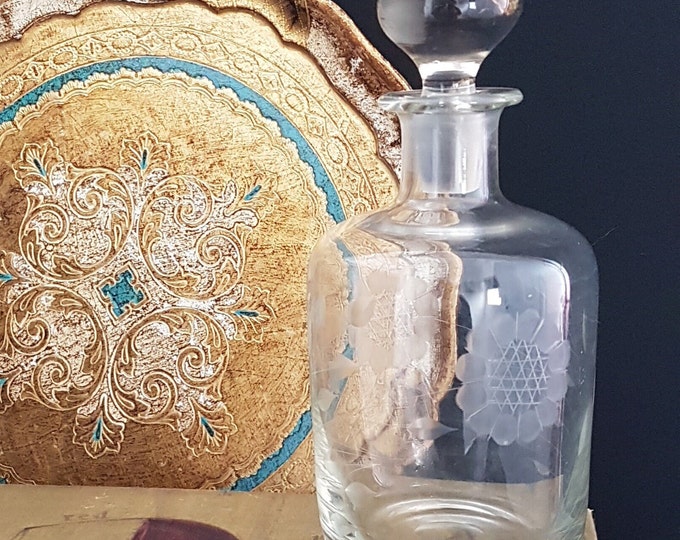 Whiskey Decanter Vintage Hughes Cornflower Glass Bottle,  Etched 12 Petal Flower