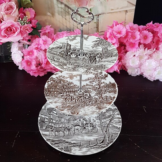 Vintage 3-Tier Tiered Cupcake Stand English Ironstone Brown Transferware
