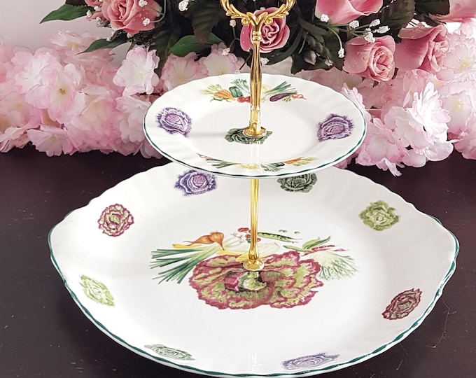 2 Tiered Cake Stand, Bone China Veggie Tiered Plate Serving Tray for Buffets & Entertaining