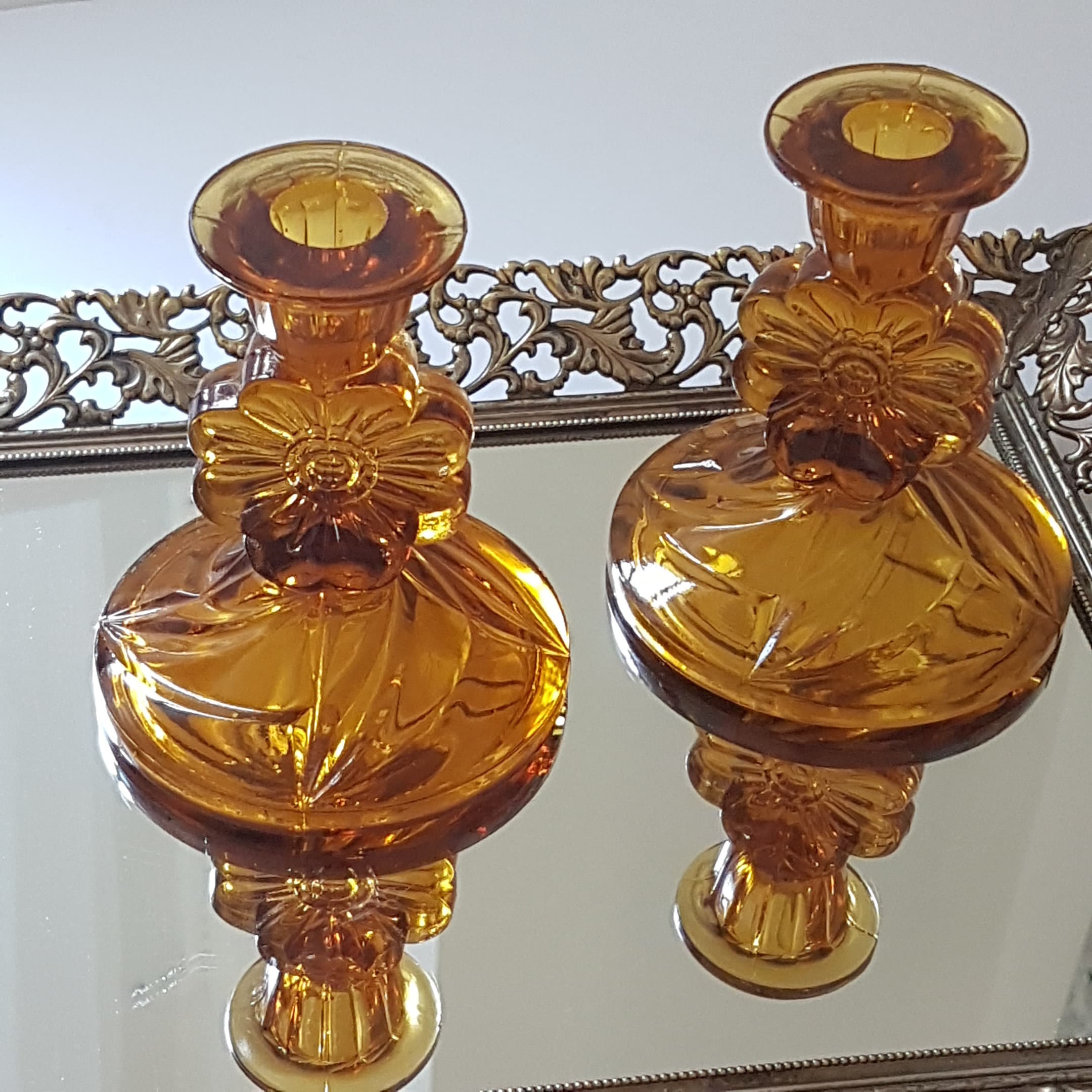 Amber Glass Candlesticks, Daisy Flower Stem, Bagley Glass, Made in USA