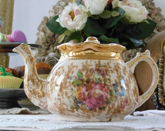 Vintage Teapot, Cabbage Rose with Florals & Light Brown Spots, Unique Arthur Wood Tea Pot, Made in England, 1950s