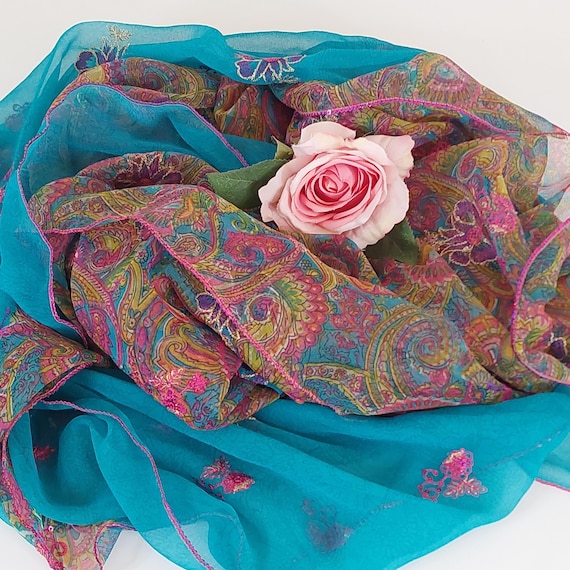Vintage Turquoise Chiffon Dupatta, Hand Embroidered Floral Scarf, Multicolored Paisley Kashmiri Pashmina Wrap