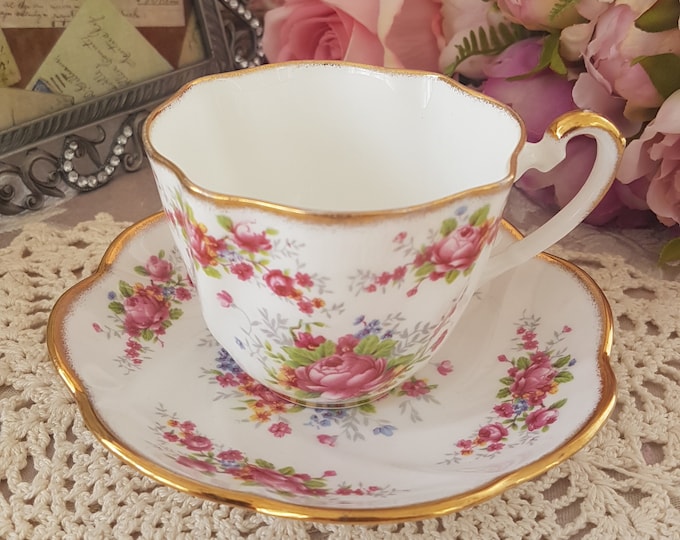 Vintage English Bone China Tea Cup and Saucer, Floral Pattern of Pink Roses, Salisbury China Co, 1960s