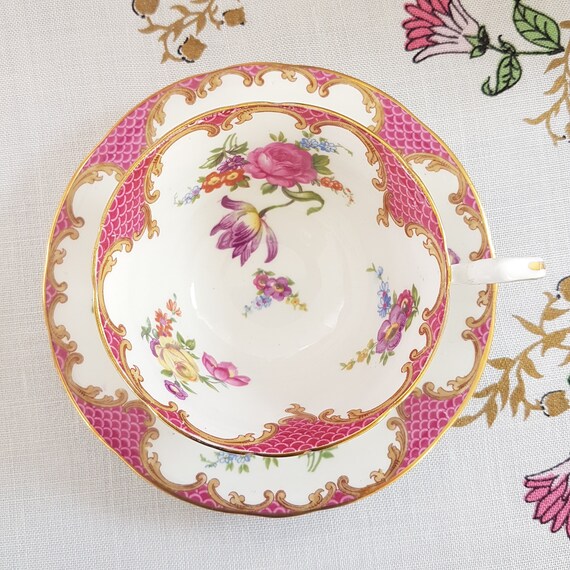 Aynsley Wilton Pink Bone China Tea Cup and Saucer, Vintage English Floral Gold Trim